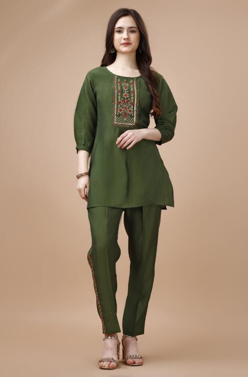 MOJILAA Women's Olive Green Viscose Blend Floral Embroidered Festive & Party Co-ord Set