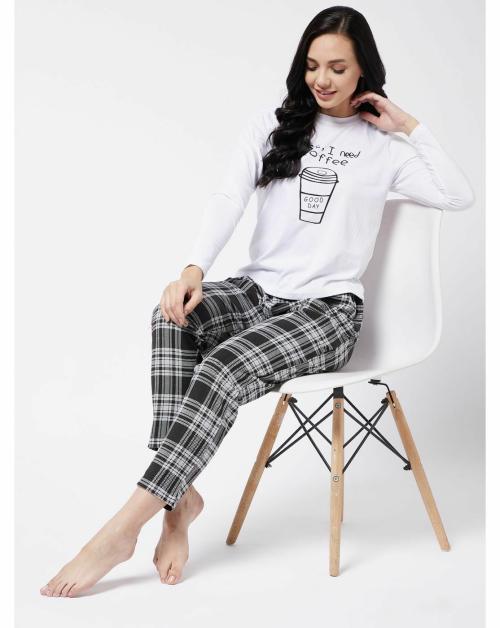 Vvoguish Women White & Black Color Top & Pyjamas Set