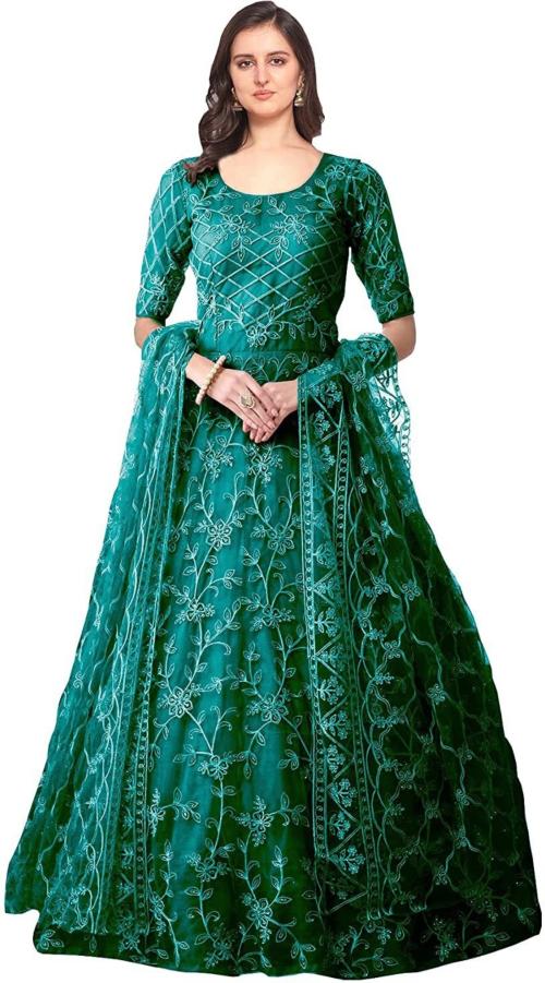 Vaani Creation Women Dark Green Net Anarkali Gown Dress - Free Size