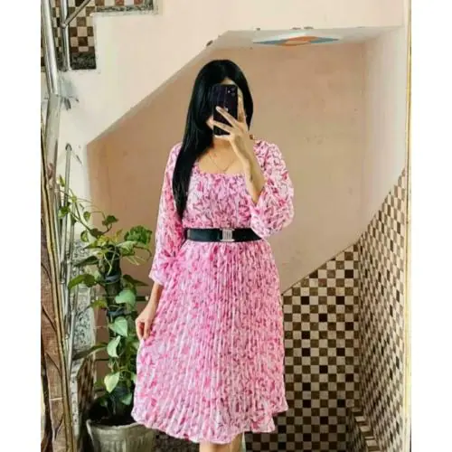 Pershoppe Women Fit and Flare White, Pink Dress