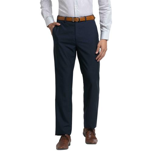 Raymond Men Blue Checkered Polyester Blend Flat-Front Pants