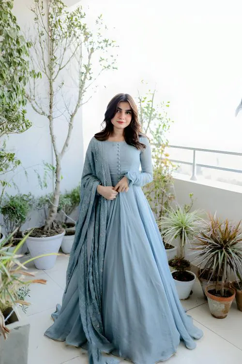 FOXDX Women Georgette Wedding Gown with Dupatta (Grey)