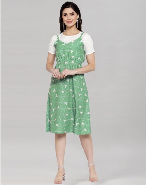 ATTIRIS Women's Poly Cotton Printed A-Line Knee Length T - Shirt Style Round Neck Dress, Green