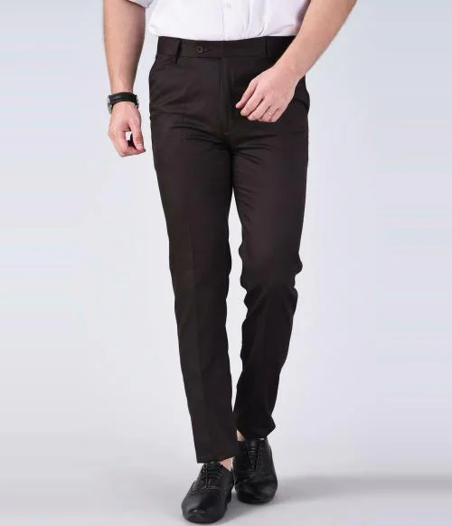 AD & AV Men Coffee Brown Solid Synthetic Single Formal Trousers