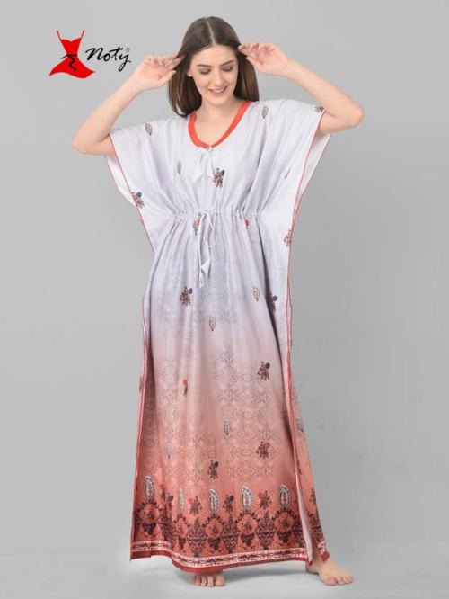 Noty Women's- Kaftan/Nighty/Maxi/Gown- Serena Fabric- V-Neck Fiery Self Print (Silver Grey, Free Size)
