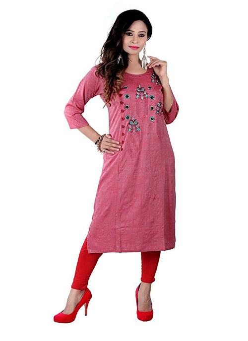 VB SONS Women Pink EmbroideRed Rayon Long Kurta (XXL)