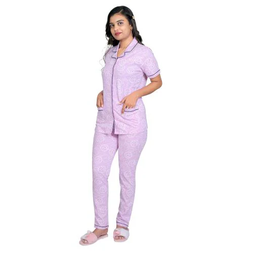 ONE SKY Night Suits for Women, Cotton Suit Set, Breathable Women Wear, Half Sleeves Night Dress, 2 Patch Pockets, Easy to Care Girls Night Dress, Relaxed Fit Top & Pants(Pattern Wear) (Bubblegum Pink)