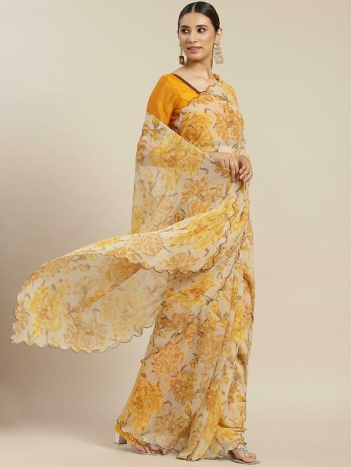 Tikhi Imli Yellow Floral Printed Poly Georgette Saree