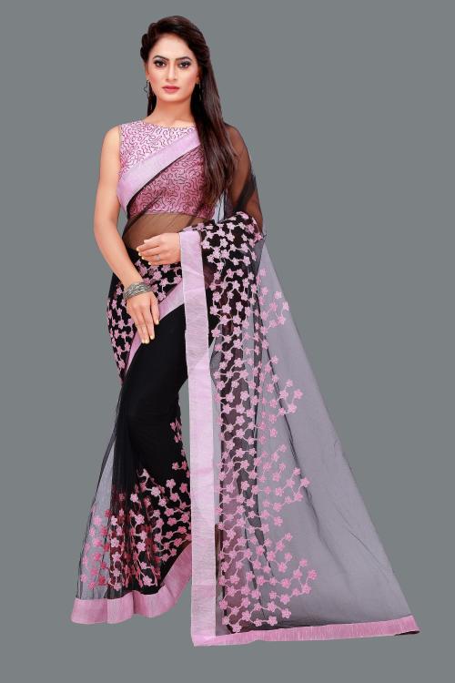 BRIVA Women Black Embroidered Net Saree