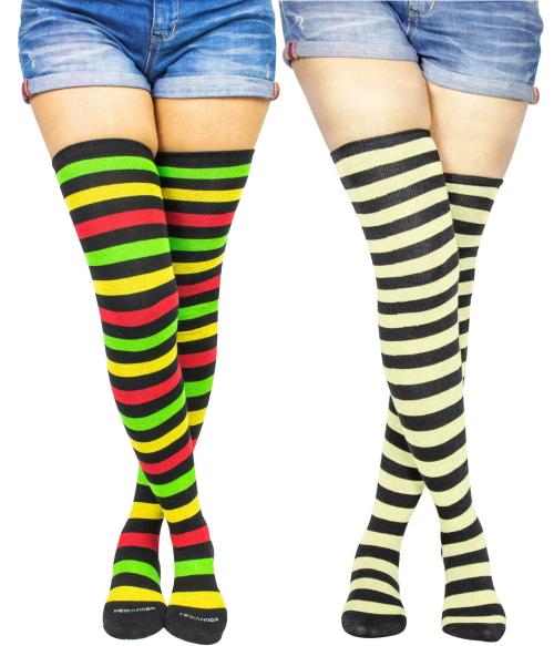 Neska Moda Women's 2 Pair Striped Cotton Thigh-High Stockings (Black, Green, Yellow)