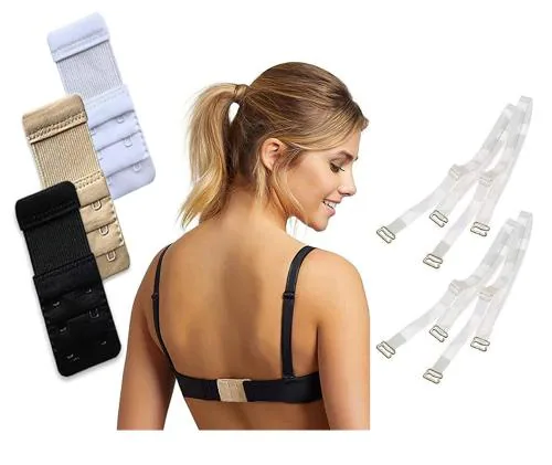 eDESIRE Bra Extenders Women's Girls 3 Pieces Bra Hook Strap Extension Strip Elastic Bra Hook Extender(Beige, White, Black) with 2Pair Clear Transparent Bra Straps