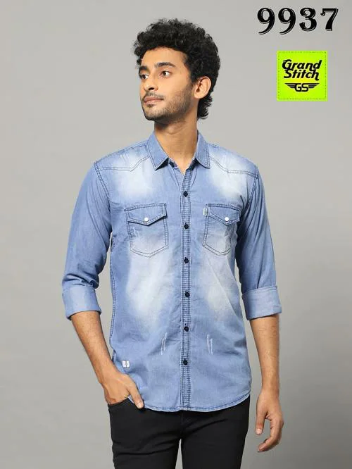 GRAND STITCH Men Light Blue Solid Denim Single Casual Shirts (L)