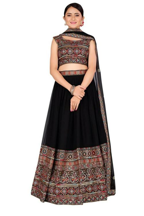 ROZLAND Women Black Georgette Embroidered Readymade Banjara Lehenga Choli with Dupatta, XL (Pack of 1)