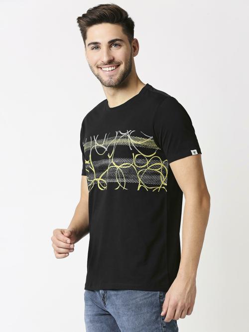 RAGWAY Men Black Cotton Graphic T-Shirts ( L )