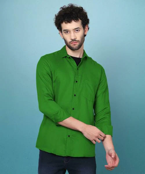 Woxen Men Parrot Green Solid Cotton Blend Casual Shirts L
