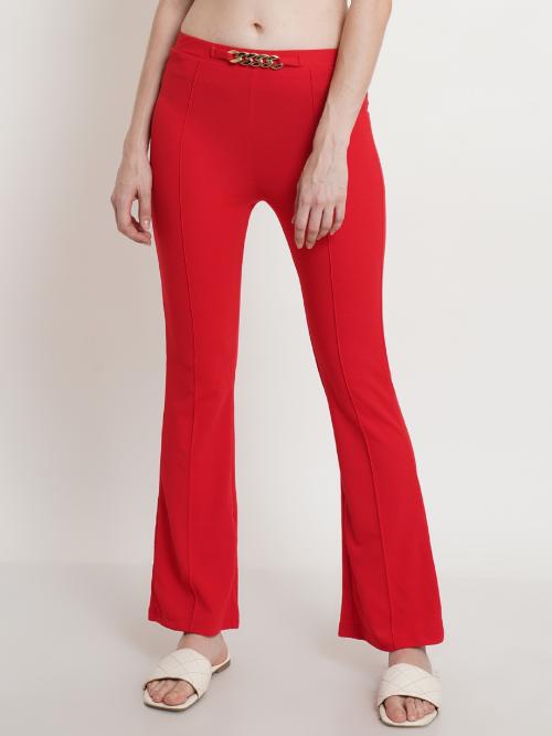 Regular Fit Red Solid Midrise Women Trouser ! Red Designer Chain Stretchable Self Design Pintex Wide Leg Trouser for Women