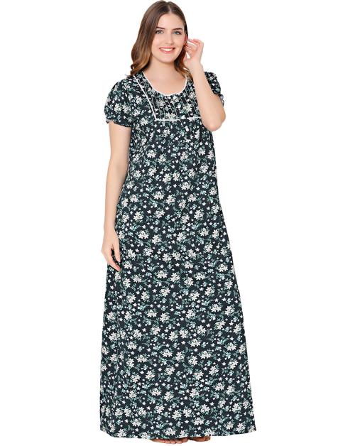 Bodycare Womens Combed Cotton Round Neck Printed Long Night Dress-BSN10009