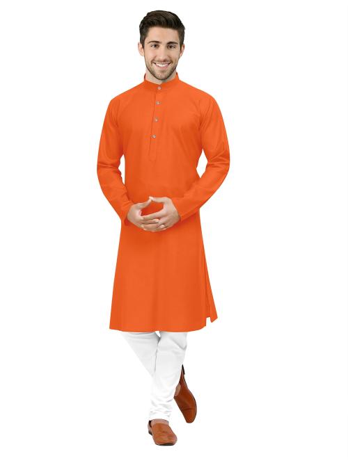 DHASU TRENDZ Men Orange Plain Cotton Straight Kurta And Pyjama Set (38)