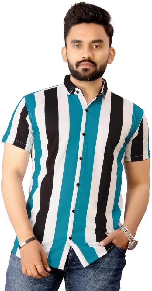 Shivansh Creation Men White Striped Lycra Blend Casual Shirt (S)