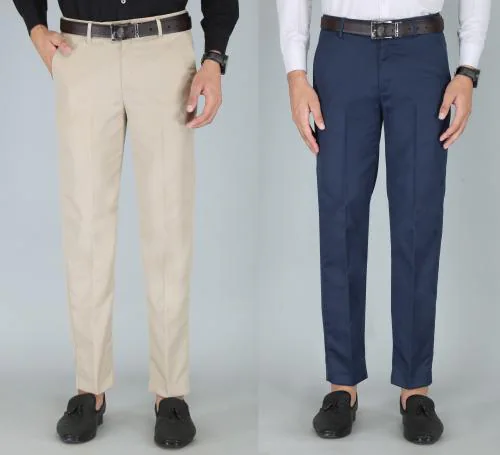 Kurus Men's Beige & Royalblue, Solid, Cotton Blend Formal Trouser For Mens