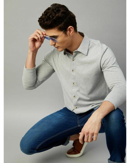 Gritstones Men Grey Melange Color Full Sleeve Cotton Blend Plain Summer Shirts