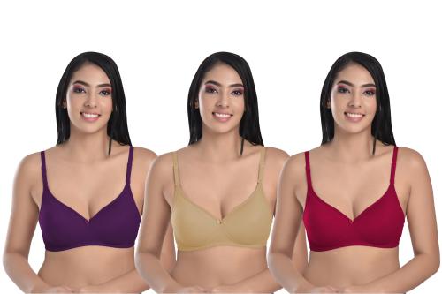 Body Liv Seamless Molded Cup Padded Bra for Women's Combo (28, Skin/Majenta Pink/Purple)