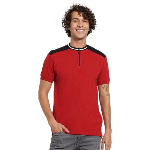 Bewakoof Men's Red Colour-block Polo Neck Short Sleeve T-shirt