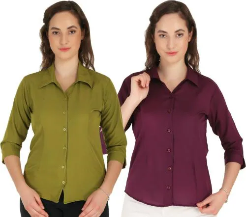 Hunoor Womens Light Mehandi and Purple Solid Crepe Pack of 2 Formal Shirt l women shirt l casual shirt for women
