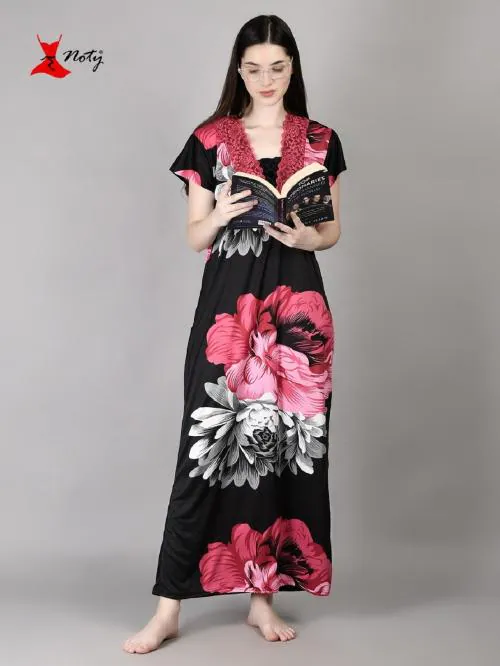 Noty Women's- Nighty/Maxi/Gown- Serena Fabric- Designer-Floral Print (Rani Black, Free Size)