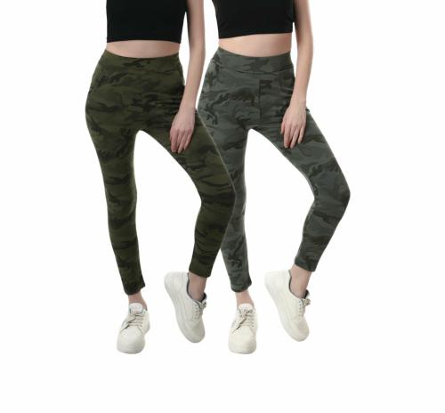 Women's High Rise Skin Fit Camouflage Print Army Track Pant Joggers with Pocket Combo Pack of 2 (Free Size 28 to 44) - Dark and Light Color