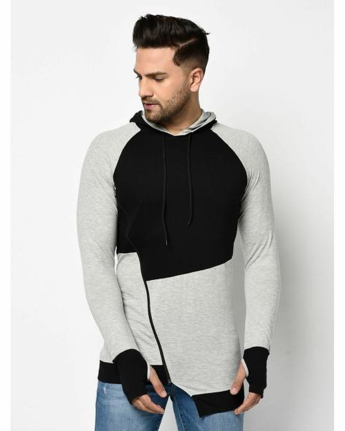 Glito Color Blocked Grey & Black Full Sleeves Thumbhole Hoodie With Zipper T-shirts For Men's