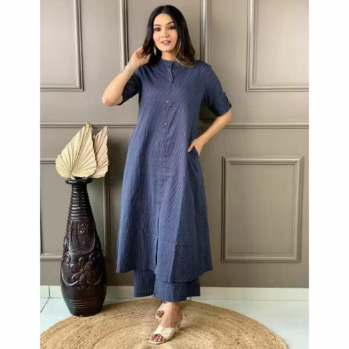 TANE BANE Womens Front-Open Plain Kurta Set Long Kurta with Matching Plazzo, Stylish and Comfortable Outfit for Casual, Formal, and Festive Wear | Blue | L