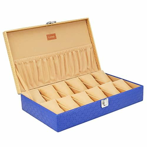 LEDO Corrosion Resistant Blue Faux Leather, Wood and Glass Watch Box Holder Organizer 12 Slots