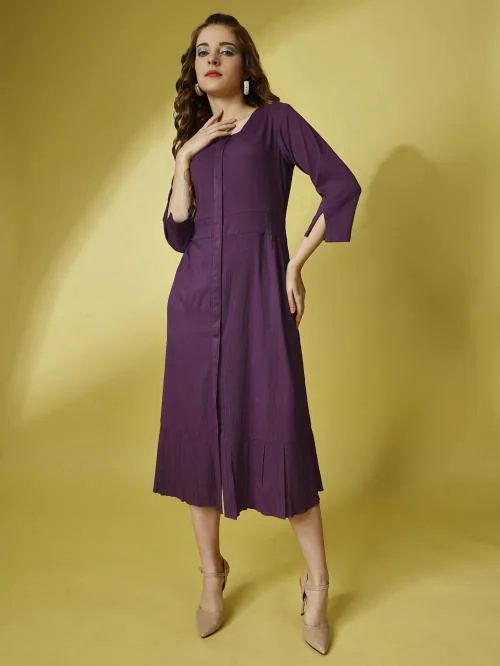 Raisin Women Purple Solid Polyester Fit And Flare Dress (Xl)