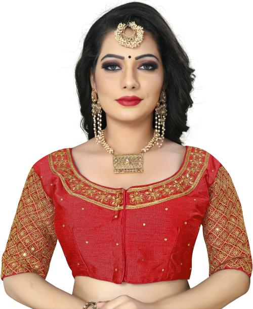 Jay Pal Women Red Embriodered Art Silk Round Neck Blouse