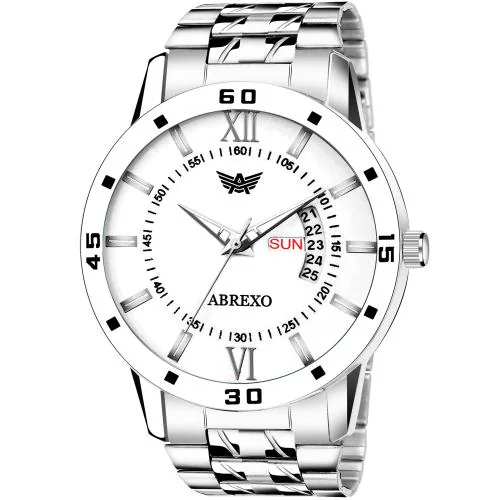 ABREXO, Abx1257-Blue Dial Day & Date Functioning Quartz Mechanism Stainless Steel Silver Chain Wrist Watch for Men