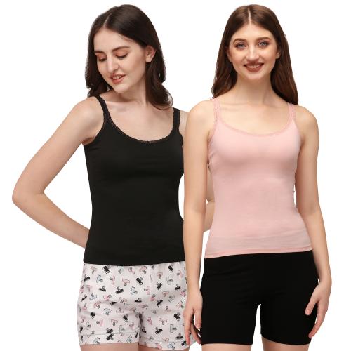 SOIE-Cotton Spandex Camisole (Pack Of 2)-Black & Peach-L