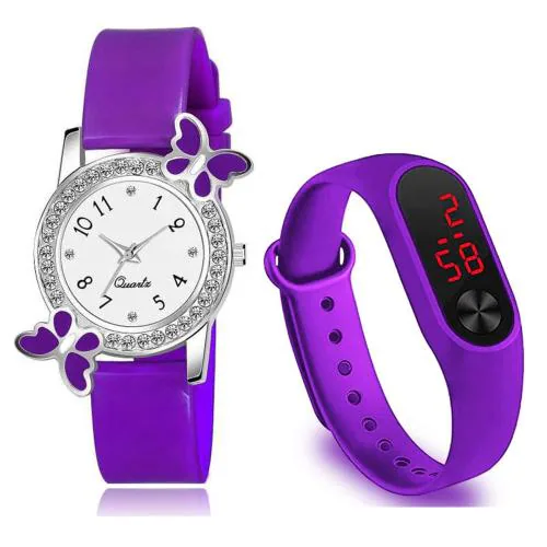 Goldenize Fashion Analog And Digital Multi-color Dial Purple Strap Watch for Girls And Women, PRPL BF-M (Pack of 2)