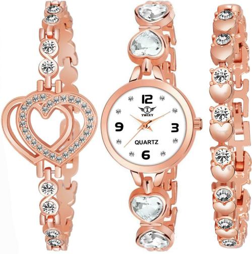 TWIXY Analog White Dial Rose Gold Strap Watch with Bracelet for Women