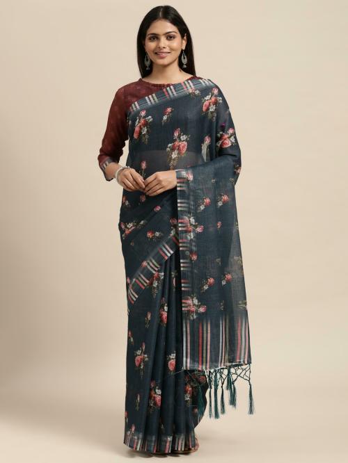 Janasya Women's Teal Linen Blend Printed Saree with Blouse Piece