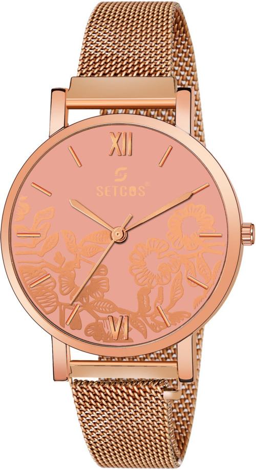 Setcos Analog Peach Dial Rose Gold Strap Watch For Girls