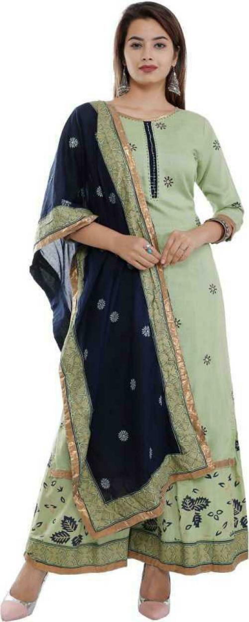 Unisets Women Green Embroidered Rayon Kurta, Pyjama & Dupatta Set