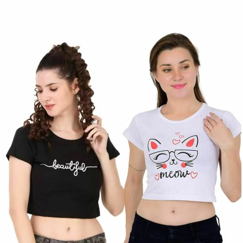 Vanghee crop tops for women | Summer Top | Half Sleeve Crop Top | Pack of 2 crop top | Breathable Fabrice Round Neck