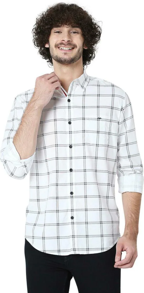 Mufti White & Navy Windowpane Check Peached Slim Fit Casual Shirt