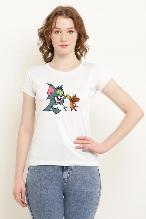 Vesture Forge White Printed Round Neck Dry-FIT T-shirts for Gym, Yoga, Jogging Walking or Relaxing at Home ( TOM & JERRY )