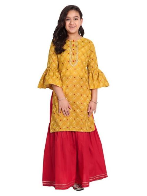MODISH COURTURE Girls Yellow and Red Motif Printed Cotton Blend Kurta and Sharara - 13 to 14 Y