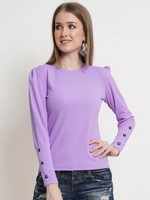 Popwings Button Styling Button Puff Long Sleeves Women Lavender Top