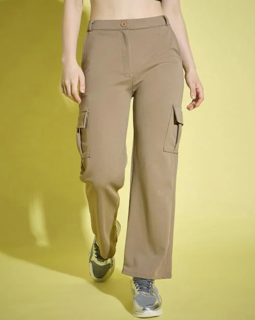 Buynewtrend Beige Straight Fit Full Length Solid Cargo Pant | Women Casual Pant