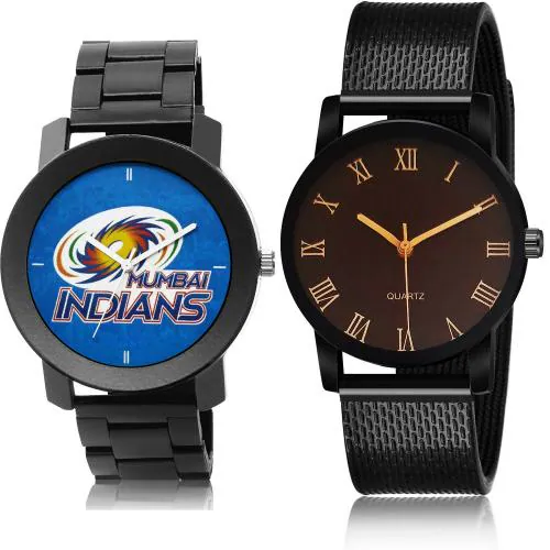 GROOT New Wrist Mumbai Indians Squad (Mi) Ipl Chain And Sports Black Colour Analog Metal And Plastic Belt 2 Watch Combo For Boys And Men - IPL15-BRM15