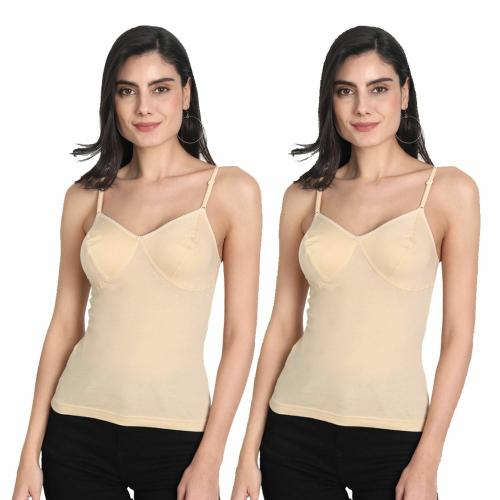 Aimly Women's Regular Fit Sleeveless Cotton Bra Cum Camisole Slip Spaghetti Beige 2XL Pack of 2